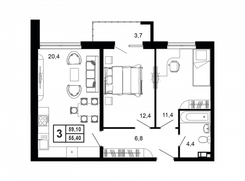 3-комнатная, 58.2 м²