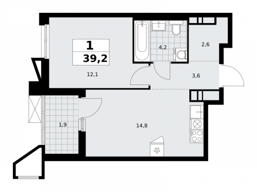 1-комнатная, 39.2 м²
