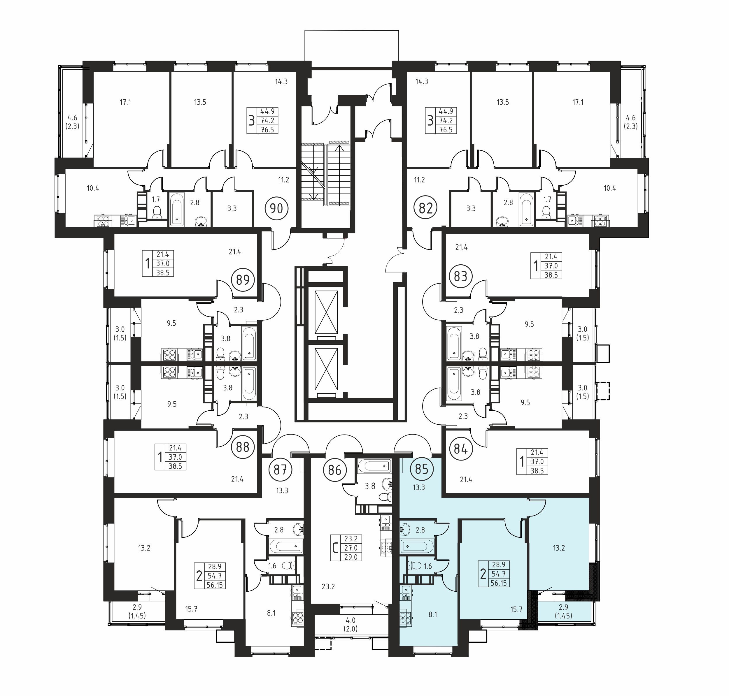 2-комнатная квартира №85, 56,2 м² за 8,59 млн руб. в ЖК «Космос» - планировка