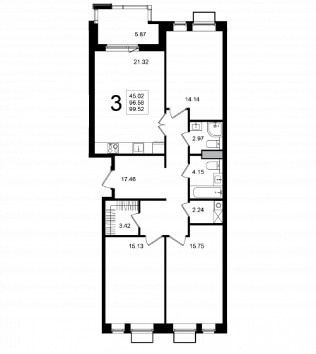 3-комнатная, квартира, 99.52 м²