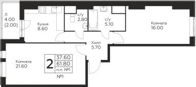 2-комнатная квартира 61,8 м²