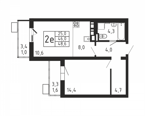 2-комнатная, квартира, 48.6 м²