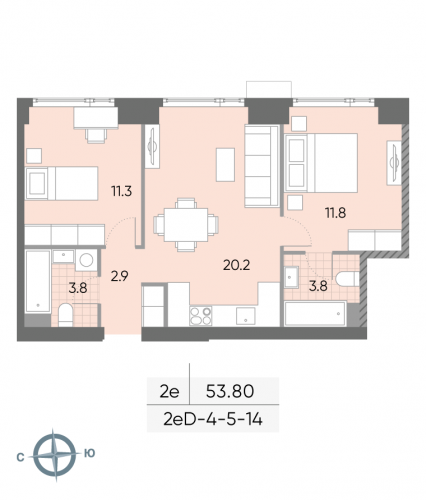 2-комнатная, квартира, 53.8 м²