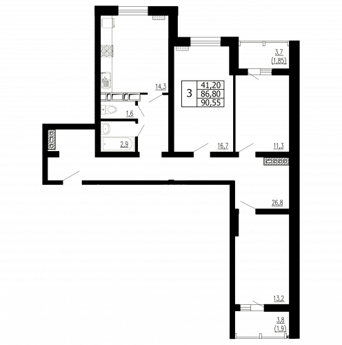 3-комнатная, квартира, 90.55 м²