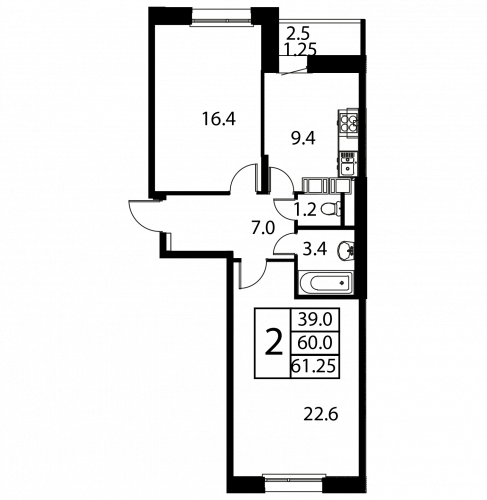2-комнатная, квартира, 61.25 м²