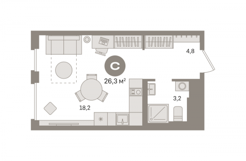 Студия, 26.28 м²