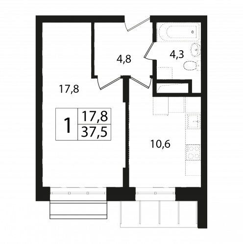 1-комнатная, квартира, 37.8 м²