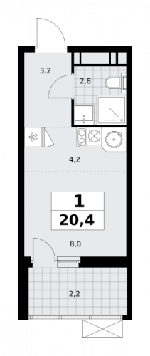 1-комнатная, 20.4 м²