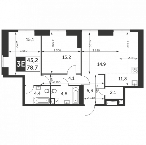 3-комнатная, квартира, 78.7 м²