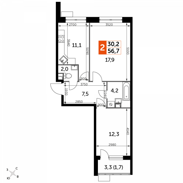 2 комнаты до 56.7