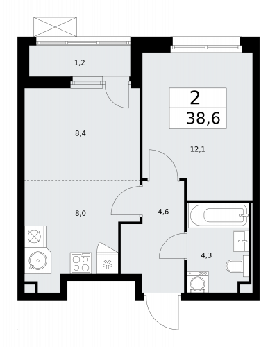 2-комнатная, 38.6 м²