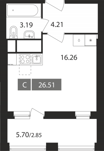 Студия, 26.51 м²