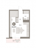 1-комнатная квартира 34,41 м²