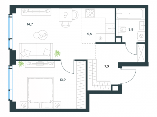 2-комнатная, 44 м²