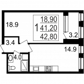 1-комнатная квартира 42,8 м²
