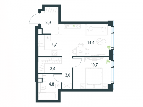 2-комнатная, 44.9 м²