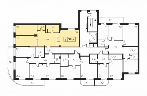 2-комнатная, квартира, 90.4 м²