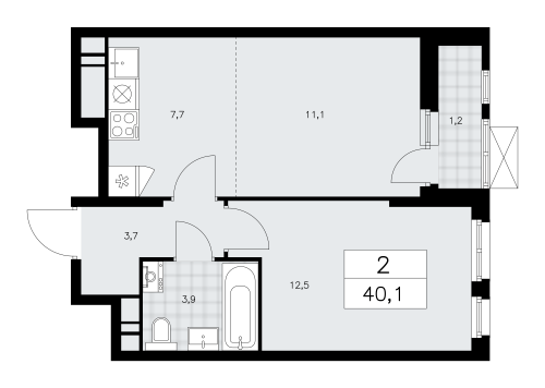 2-комнатная, 40.1 м²