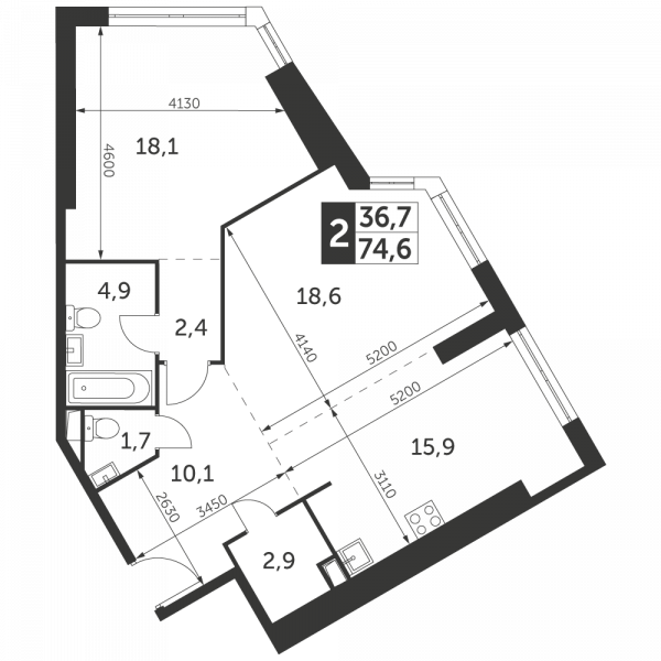 2 комнаты до 74.6
