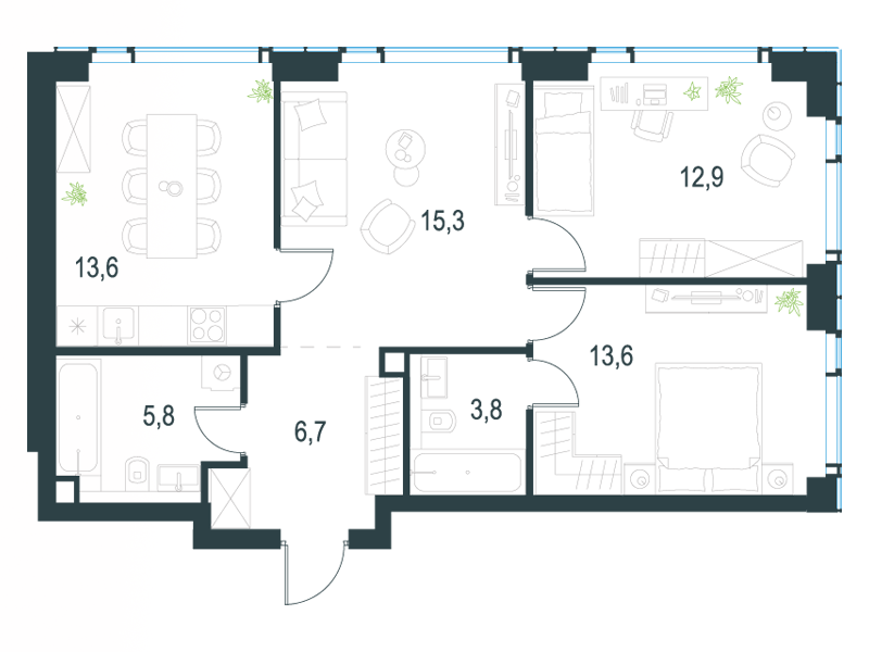 3-комнатные апартаменты №164, 71,7 м² за 30,06 млн руб. в ЖК «Level Мичуринский» - планировка