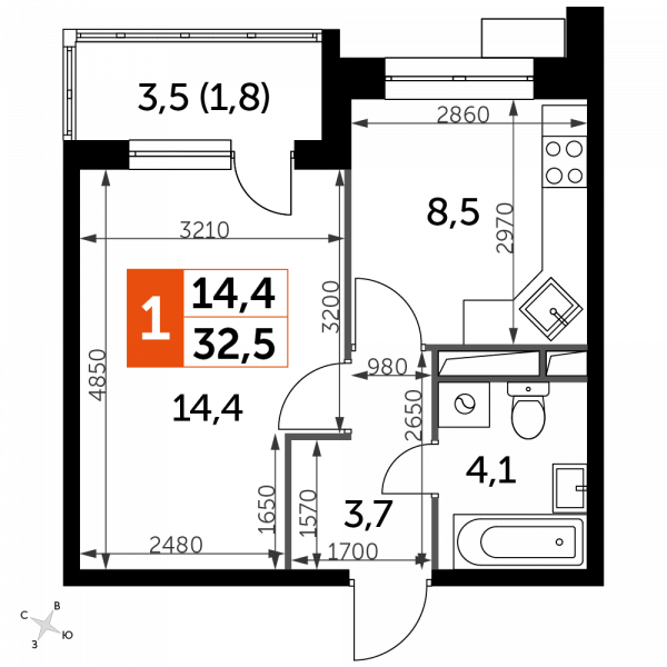 1 комната до 32.5
