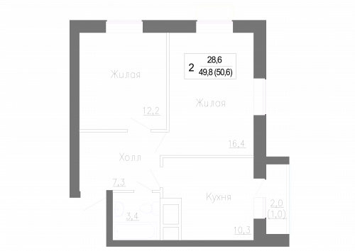 2-комнатная, 50.6 м²