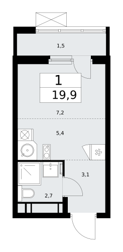 1-комнатная, 19.9 м²