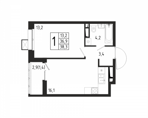 1-комнатная, квартира, 38.3 м²