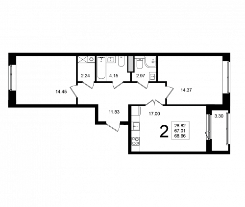 2-комнатная, квартира, 68.66 м²