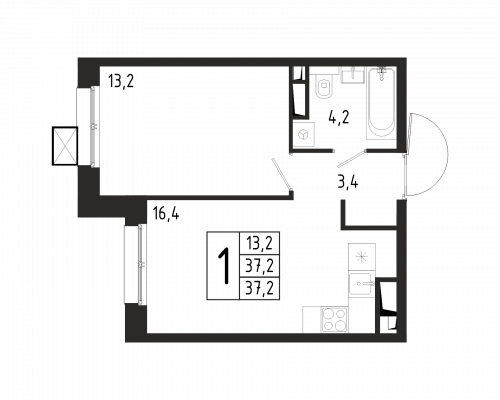1-комнатная, квартира, 37.2 м²