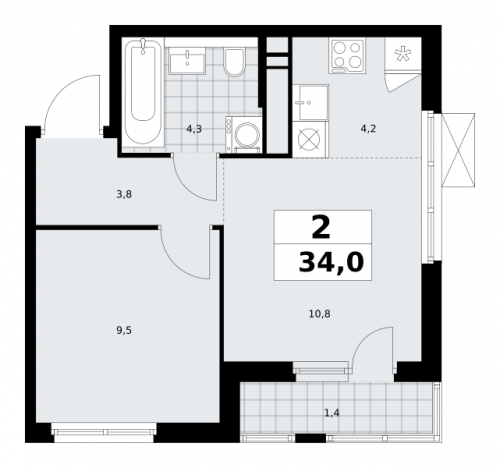 2-комнатная, 34 м²