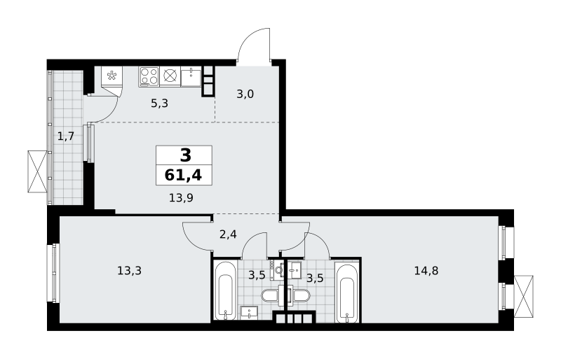 3-комнатная квартира №58К-7.1.1-75, 61,4 м² за 16,54 млн руб. в ЖК «Прокшино» - планировка