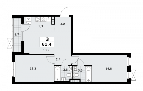 3 комнаты до 61.4