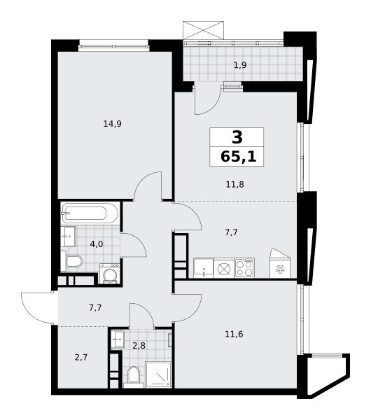 3-комнатная квартира №58К-7.1.1-118, 65,1 м² за 17,74 млн руб. в ЖК «Прокшино» - планировка