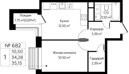 1-комнатная, 35.15 м²