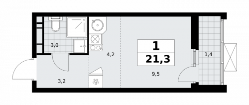 1-комнатная, 21.3 м²
