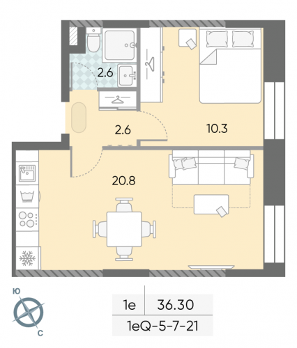 1-комнатная, 36.3 м²