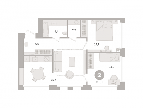 2-комнатная, квартира, 61 м²