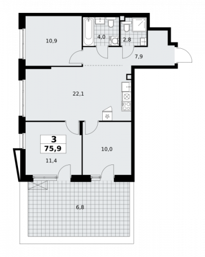 3-комнатная, 75.9 м²
