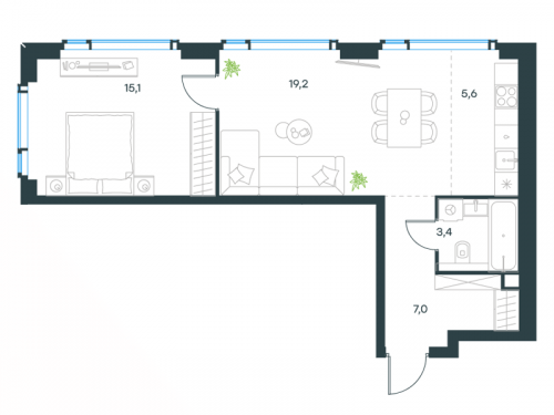 2-комнатная, 50.3 м²