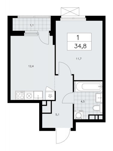 1-комнатная, 34.8 м²