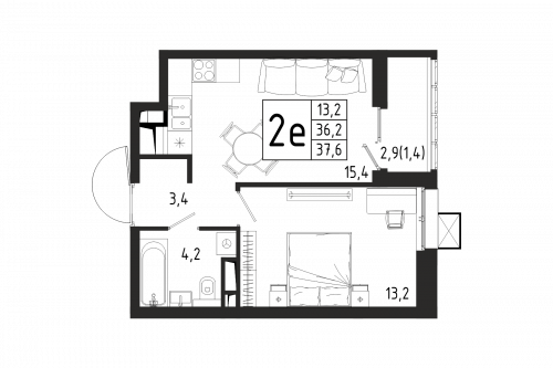 1-комнатная, квартира, 37.6 м²
