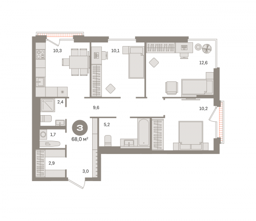 3-комнатная, квартира, 67.97 м²