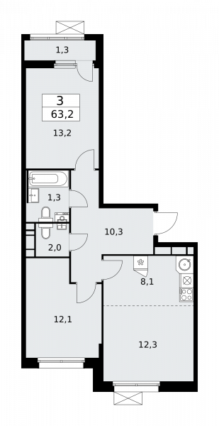 3 комнаты до 63.2
