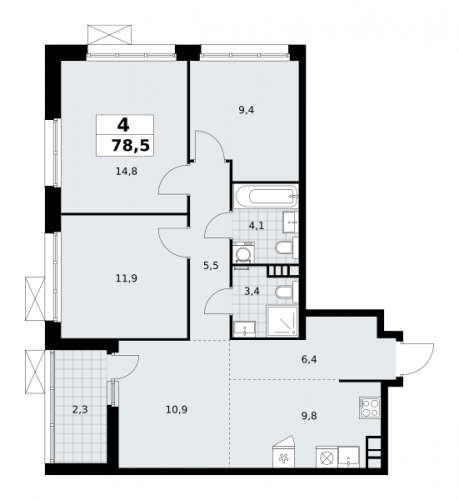 Многокомнатная, 78.5 м²