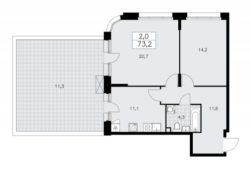 2-комнатная, 73.2 м²