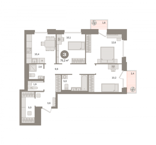 3-комнатная, квартира, 75.18 м²