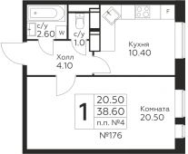 1-комнатная квартира 38,6 м²