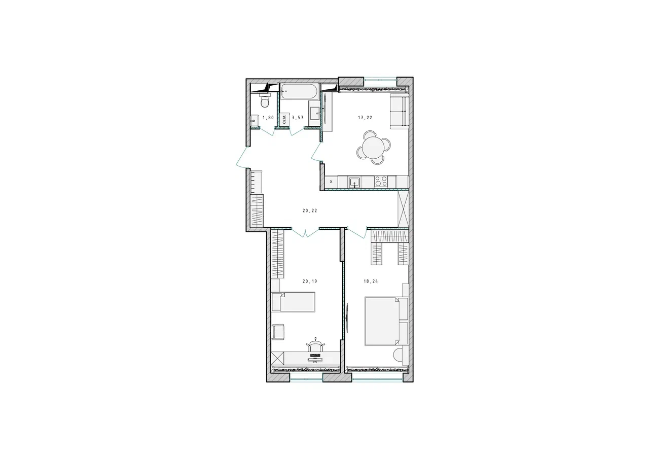 3-комнатная квартира №440, 77,6 м² за 10,88 млн руб. в ЖК «Серебро» - планировка