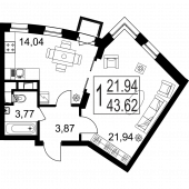 1-комнатная квартира 43,62 м²